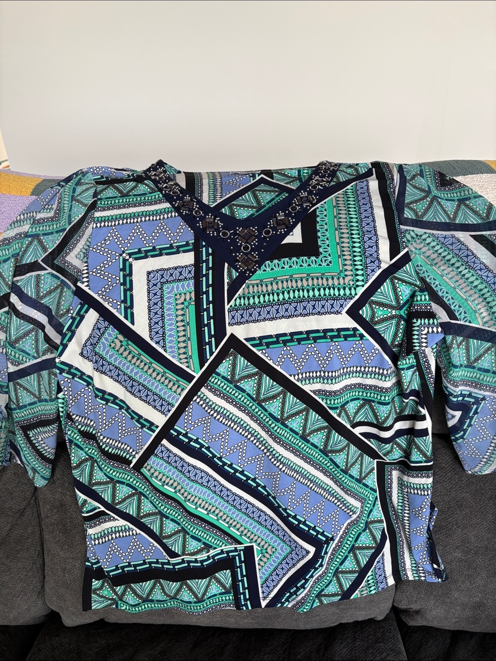 JM Collection Geometric V-Neck Tunic in Teal, Light Blue and Navy